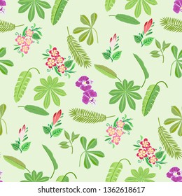 Seamless Pattern with Plants and Flowers in Jungle. Floral sketches. Hand Drawn Background. Vector Illustration