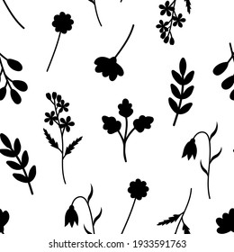 Seamless pattern plants flowers leaves silhouettes vector illustration