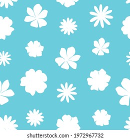 Seamless pattern plants flowers leaves white silhouettes blue background vector illustration