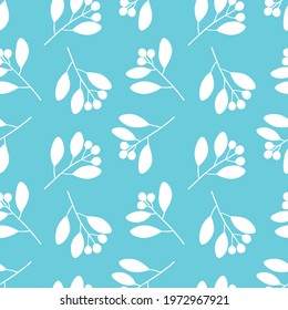 Seamless pattern plants flowers leaves white silhouettes blue background vector illustration