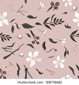 Seamless pattern with plants, flowers, leaves and berries, line art, color