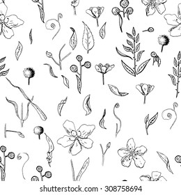 Seamless pattern with plants, flowers, leaves and berries, line art, monochrome