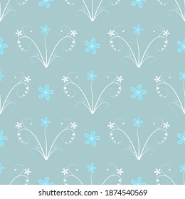 Seamless pattern of plants and flowers  on bluish grey. Vector  botanical background for textile, fabrics, wallpaper, print, cover, backdrop, surface, banner, package design.