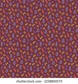 Seamless pattern with plants and flowers on a brown background in doodle style.