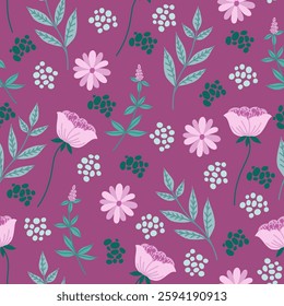 Seamless pattern with plants and flowers on dark background. Vector illustration