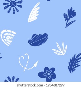 Seamless pattern with plants, flowers, rainbow, sun, arrow vector illustration on a blue background. Texture with decorative elements in a modern print style for textiles, fabrics, wallpapers.