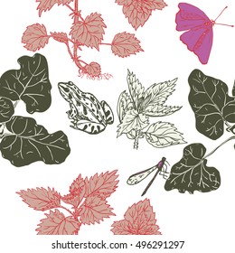 Seamless pattern with plants, frogs, dragonflies