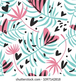 Seamless pattern with plants and hearts.