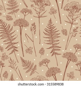 Seamless pattern with plants. Herbarium. Sketch. Freehand drawing. 