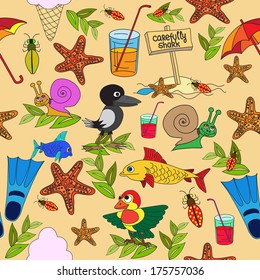 Patrón sin foco. Plantas, insectos y hongos. Ilustración vectorial.