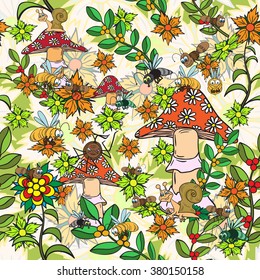 Seamless pattern. Plants, insects, and fungi. Vector illustration.