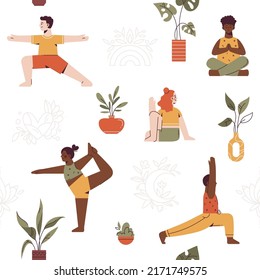 Seamless pattern with plants and kids do yoga exercises. Children in different yoga poses. Practicing meditation and stretching at home. Healthy lifestyle. vector illustration