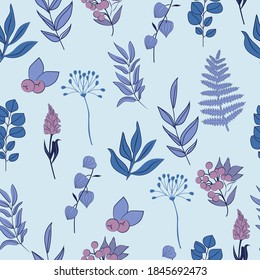 Seamless pattern with plants, leaf, berries and flowers in blue color. Editable vector illustration