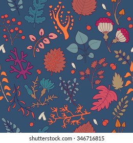 seamless pattern with plants and leaves on dark blue, autumn background. good for print, vector hand drawn illustration