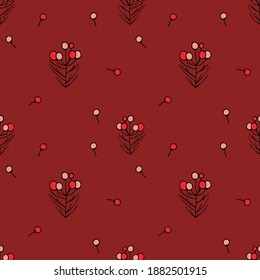 Seamless pattern with plants on a Burgundy background.
