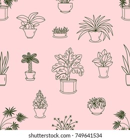 Seamless pattern of plants in pots