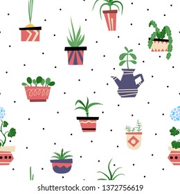 Seamless pattern with plants in pots and black polka dot on white