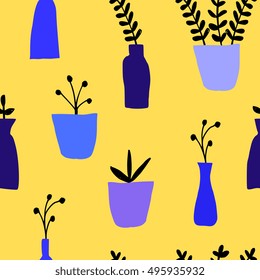 Seamless pattern with plants in pots in black, purple and blue on yellow background.