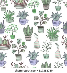 Seamless pattern plants in pots. Colorful Illustration, floral background.