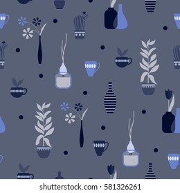 Seamless pattern with plants, pots, flowers, cups, cactus, bottles and polka dots.