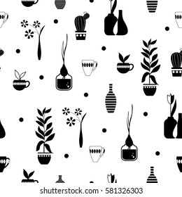 Seamless pattern with plants, pots, flowers, cups, cactus, bottles and polka dots. Black and white.