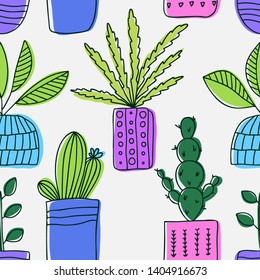 Seamless pattern plants in pots. Ideal for branding, printing fashionable fabrics and advertising products. Hand-drawn illustration.