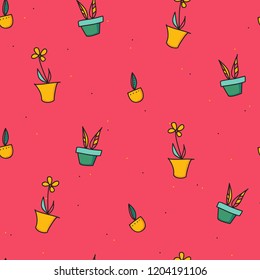 Seamless pattern with plants in the pots. Modern pattern on a pink background for textile and wallpapers.