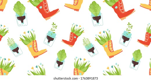 Seamless pattern with plants in pots from plastic bottles and old shoes boots. Zero waste, upcycling, reuse of utilized, vertical gardening concept. Colorful vector illustration on white background
