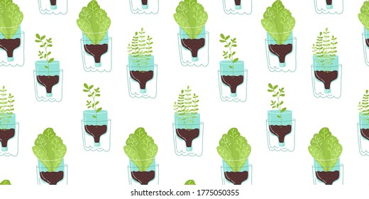 Seamless pattern with plants in pots from plastic bottles. Zero waste, upcycling, reuse of utilized, potting creation, vertical gardening concept. Colorful vector illustration on white background