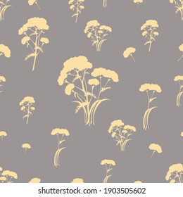 Seamless pattern with plants silhouettes. Botanical ornament with medicinal plants on grey and transparent backgrounds.