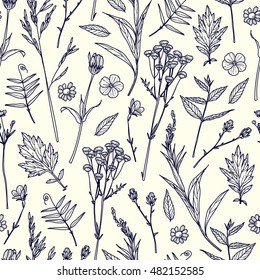 Seamless pattern with plants. Sketch. Freehand drawing