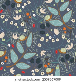 Seamless pattern with plants and snails. Floral pattern with animals, snails world, hand drawn illustration.