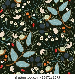 Seamless pattern with plants and snails. Floral pattern with animals, snails world, hand drawn illustration.