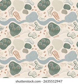 Seamless pattern with plants and snails. Floral pattern with animals, snails world, hand drawn illustration.