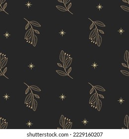 Patrón sin foco con plantas y estrellas. Clíparte celestial mística del Boho. Ilustración vectorial.
