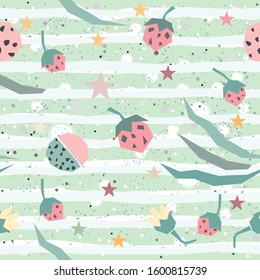 Seamless Pattern with plants and strawberry. Vector Illustration.