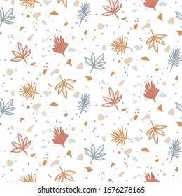 Seamless pattern with plants and terrazzo particles. Vector green blue bright background. Pastel colors texture.