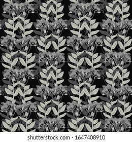 Seamless pattern of plants.Multi-layer vector pattern. Gray color. Silhouettes of leaves and stems. For decoration of fabric, paper, packaging, Wallpaper, walls. Art Nouveau style. 