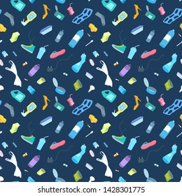 Seamless pattern. Plastic bottles, bags, shoes, tins, packing containers, straw. Garbage in the ocean, sea, river. Environmental pollution. Vector cartoon illustration on a dark blue background.