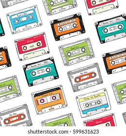 Seamless pattern, plastic cassette, audio tape with different music. Hand drawn colorful background, retro style.