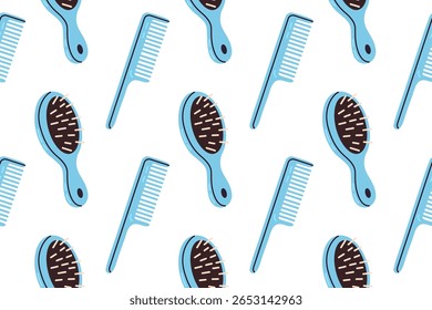 Seamless pattern of plastic combs and brushes with blue details for haircare and hygiene designs