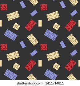 Seamless pattern with plastic construction toys on the black background. Perfect for wallpaper, scrapbook and other design. 