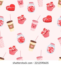 Seamless pattern with a plastic cup of coffee, box of chocolates, jar of hearts and cupcake. Vector illustration of texture for valentine's day for postcard, textile, decor, paper, texture, wrapping.