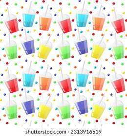 Seamless pattern plastic cup with tapioca or bubble.A drink with different tastes and aromas. Isolated design on a white background.