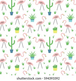 Seamless pattern with plastic flamingos. Bright back yard background.