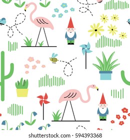 Seamless pattern with plastic flamingos and garden gnomes. Bright back yard background.