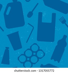 Seamless pattern with plastic garbage on ocean grunge background. Concept of recycles day, world cleanup day and ecology. Vector illustration flat style.