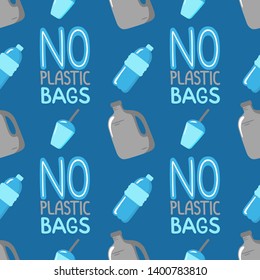 Seamless pattern with plastic and lettering words on white background. No plastic bags vector illustration. Say NO to plastic - save the Earth. Environment protection.