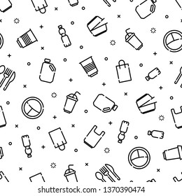 Seamless pattern of Plastic packaging icons outline set, icons of bottle, bag, plate,container, cup. Outline icons. Vector illustration, eps 10.