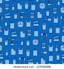 Seamless pattern of Plastic packaging icons outline set, icons of bottle, bag, plate,container, cup. Outline icons. Vector illustration, eps 10.